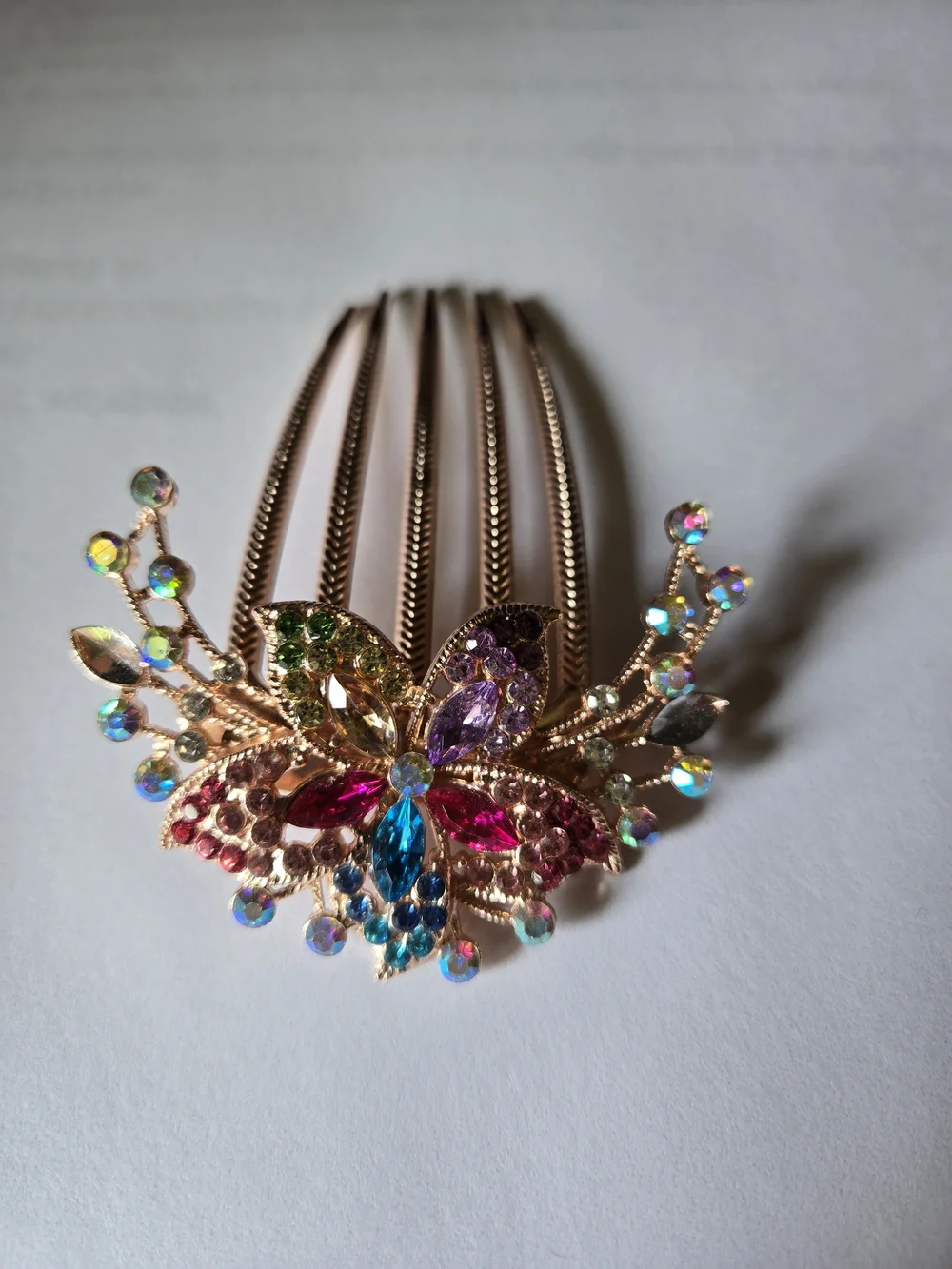 Multicolor Crystal Butterfly Hair Comb in Rose Gold Tone